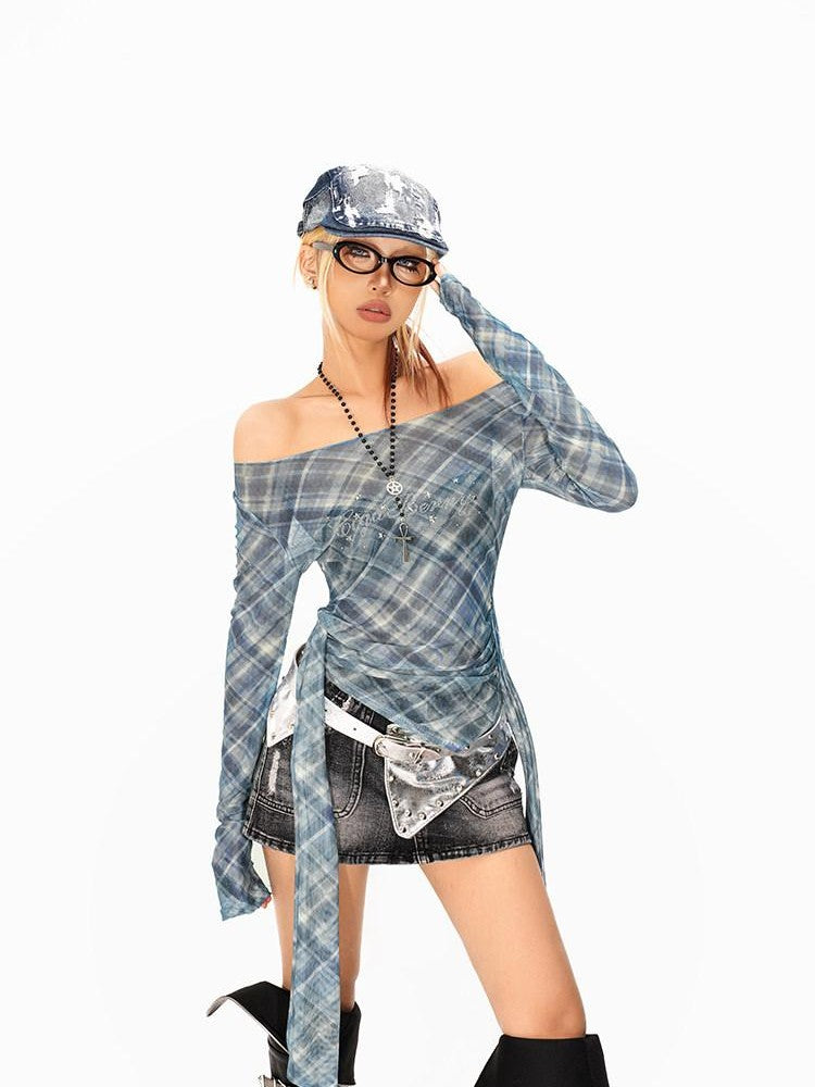 Arielink Plaid Asymmetric One Shoulder Backless Ribbon Women's Mesh Long Sleeve T-shirts