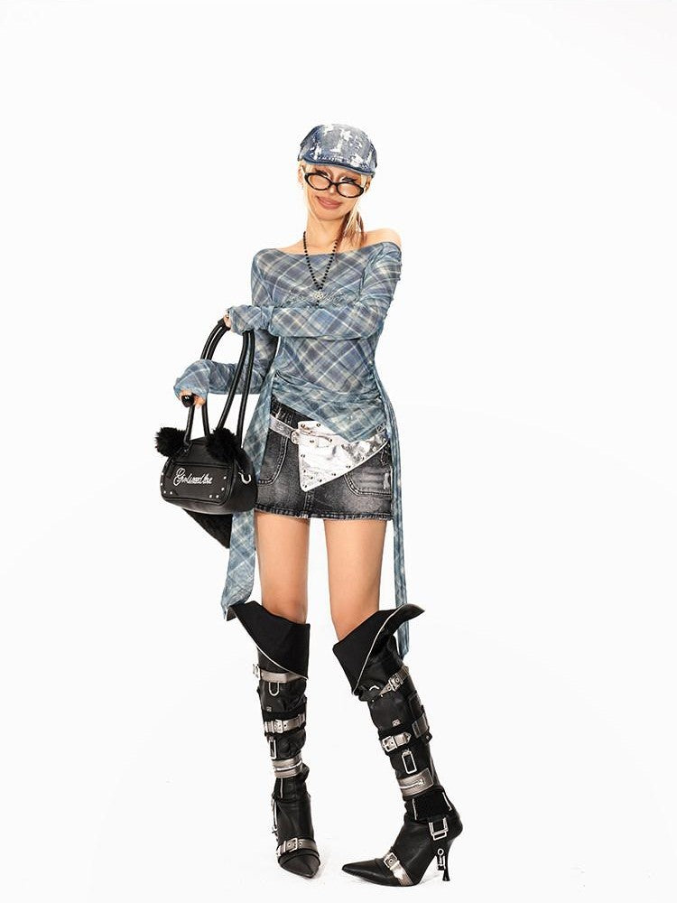 Arielink Plaid Asymmetric One Shoulder Backless Ribbon Women's Mesh Long Sleeve T-shirts
