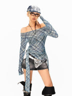 Arielink Plaid Asymmetric One Shoulder Backless Ribbon Women's Mesh Long Sleeve T-shirts