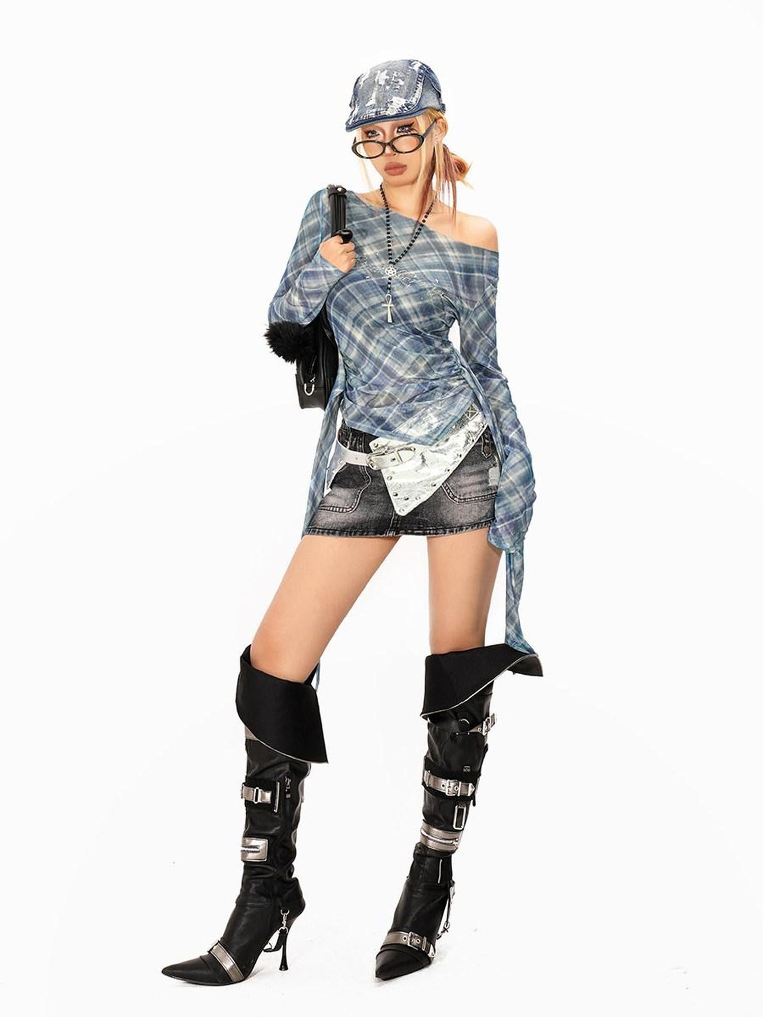 Arielink Plaid Asymmetric One Shoulder Backless Ribbon Women's Mesh Long Sleeve T-shirts