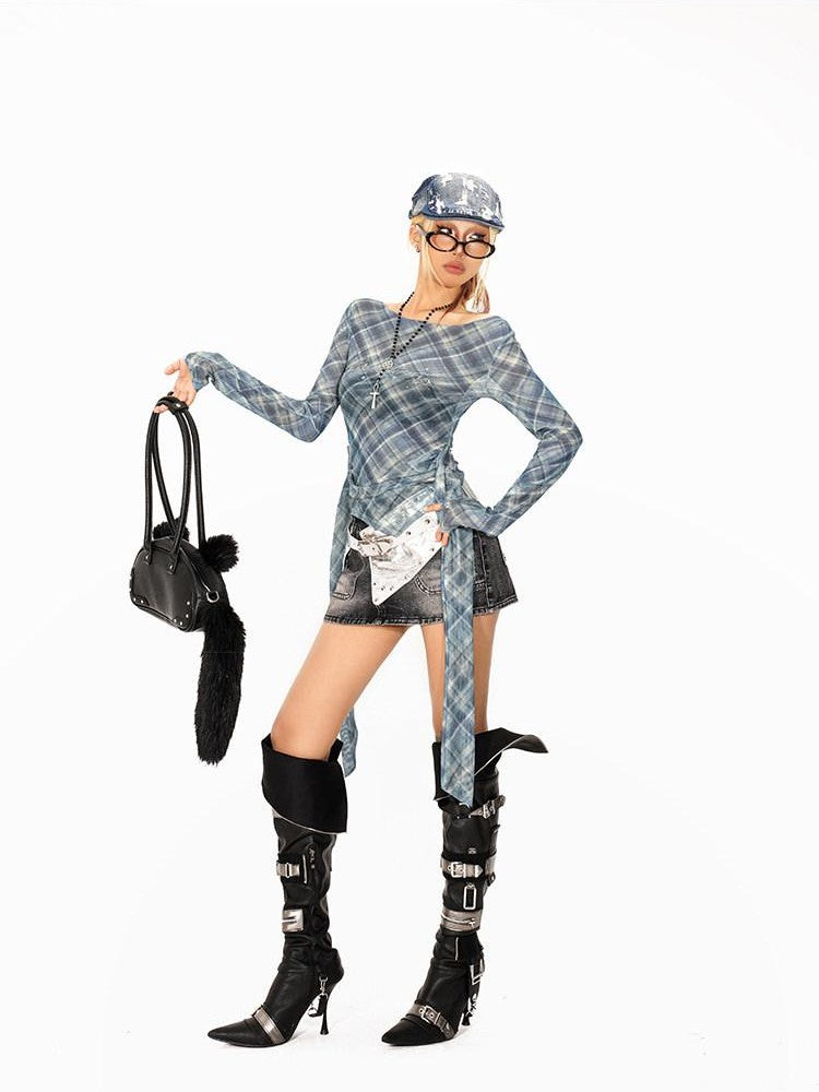 Arielink Plaid Asymmetric One Shoulder Backless Ribbon Women's Mesh Long Sleeve T-shirts