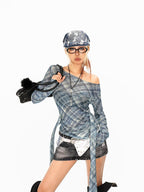 Arielink Plaid Asymmetric One Shoulder Backless Ribbon Women's Mesh Long Sleeve T-shirts
