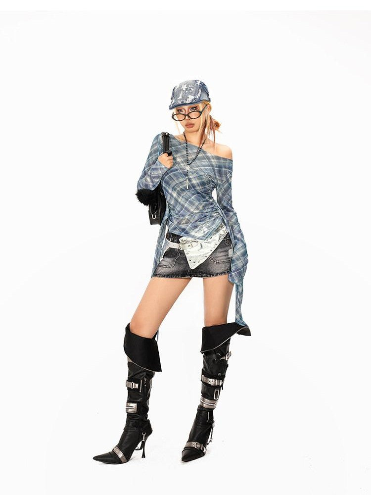 Arielink Plaid Asymmetric One Shoulder Backless Ribbon Women's Mesh Long Sleeve T-shirts