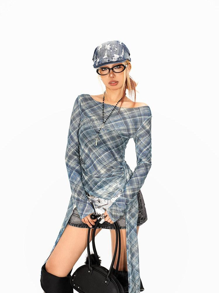 Arielink Plaid Asymmetric One Shoulder Backless Ribbon Women's Mesh Long Sleeve T-shirts