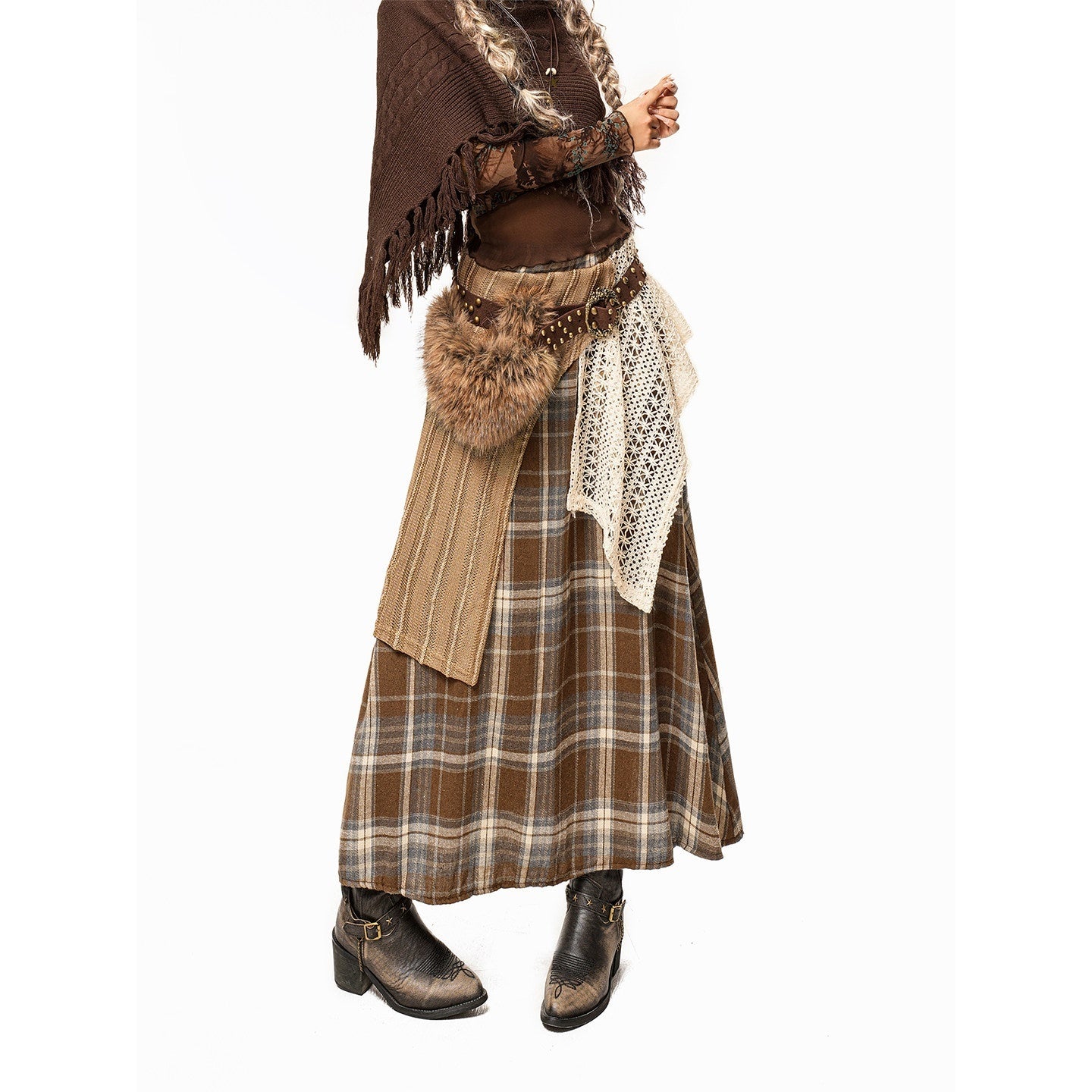 Arielink Plaid Patchwork Asymmetric Low Waist Women's Knit Maxi Skirts 999423580325