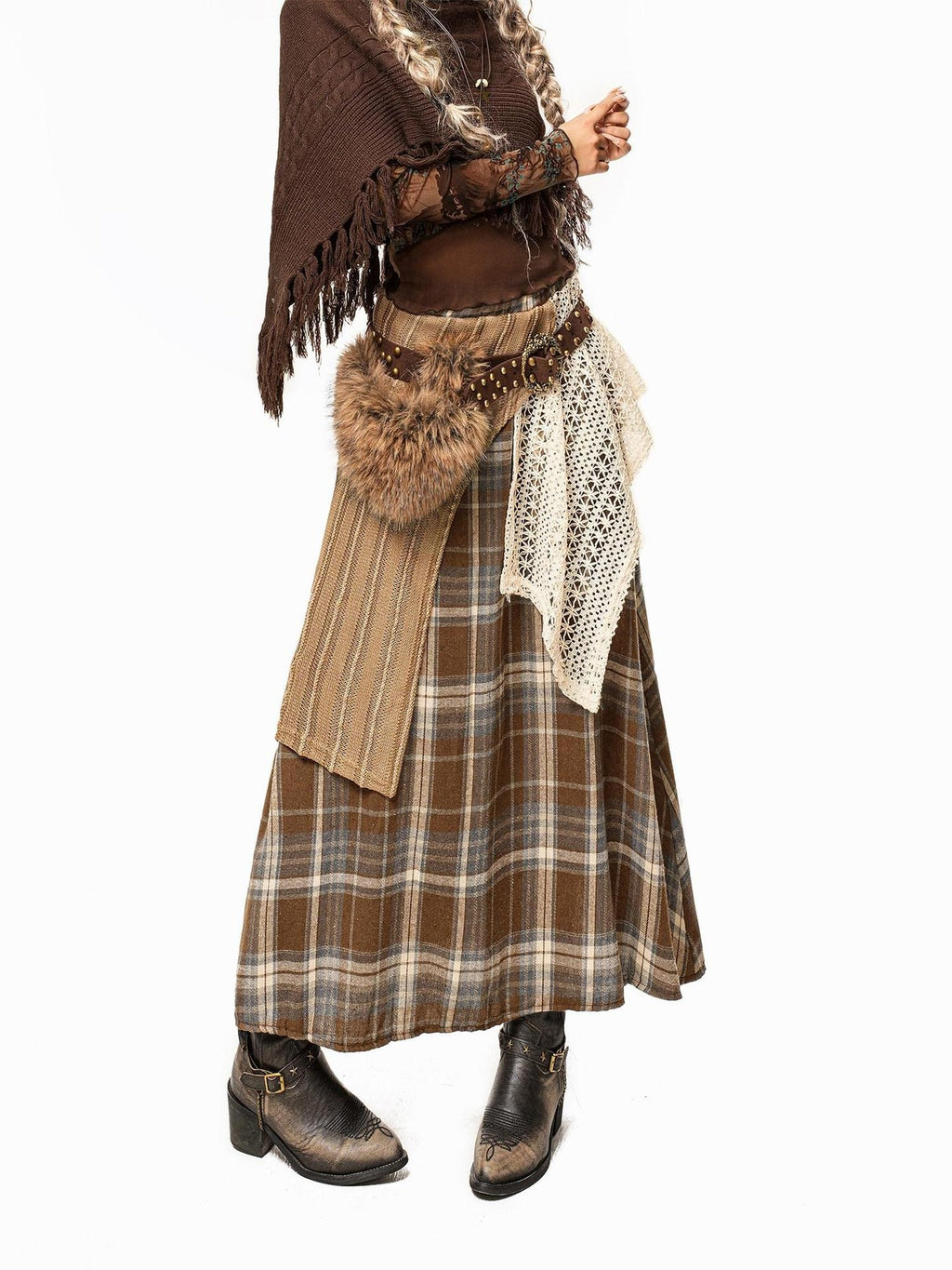 Arielink Plaid Patchwork Asymmetric Low Waist Women's Knit Maxi Skirts