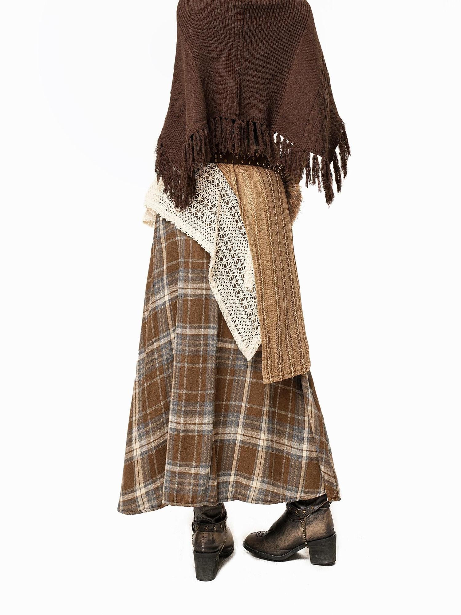 Arielink Plaid Patchwork Asymmetric Low Waist Women's Knit Maxi Skirts