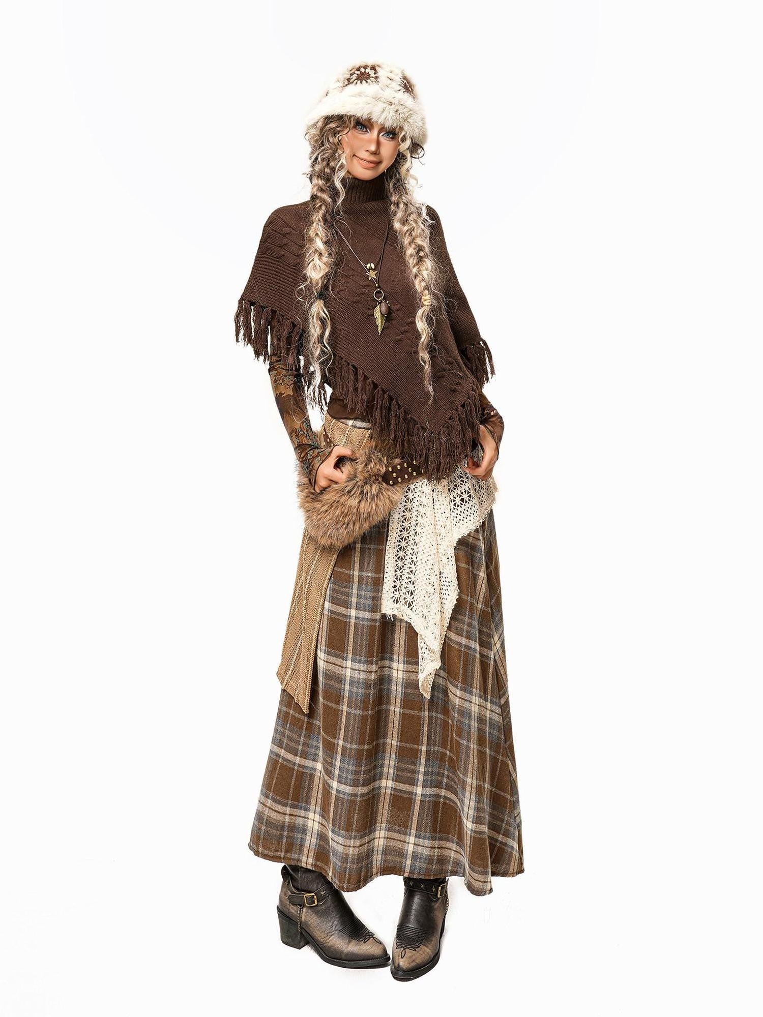 Arielink Plaid Patchwork Asymmetric Low Waist Women's Knit Maxi Skirts