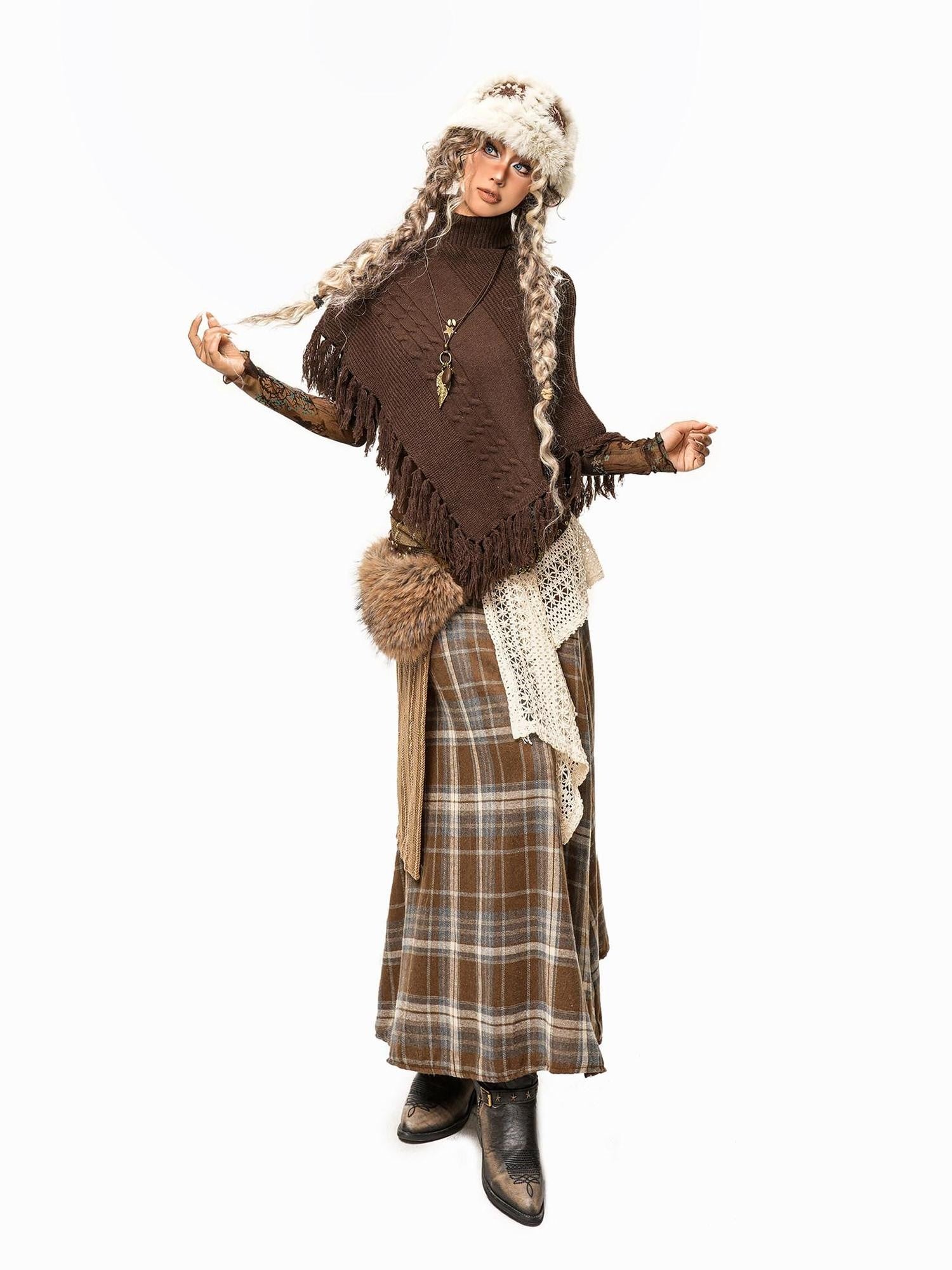 Arielink Plaid Patchwork Asymmetric Low Waist Women's Knit Maxi Skirts
