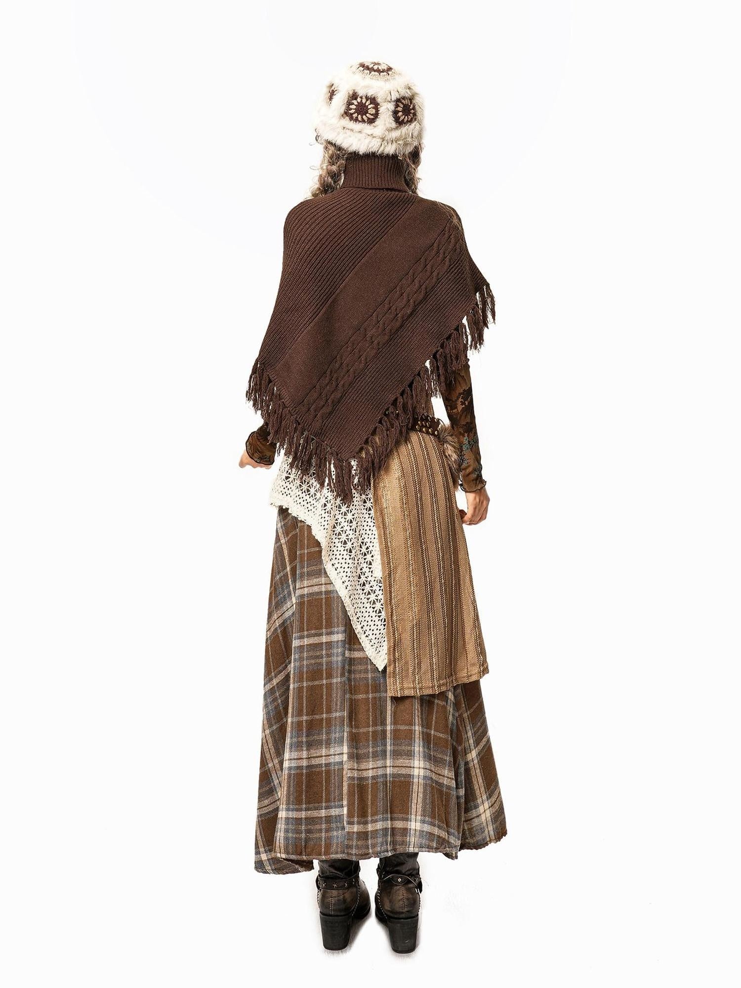 Arielink Plaid Patchwork Asymmetric Low Waist Women's Knit Maxi Skirts