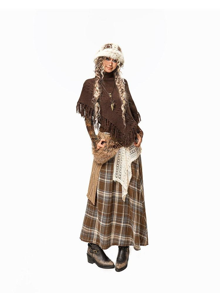 Arielink Plaid Patchwork Asymmetric Low Waist Women's Knit Maxi Skirts