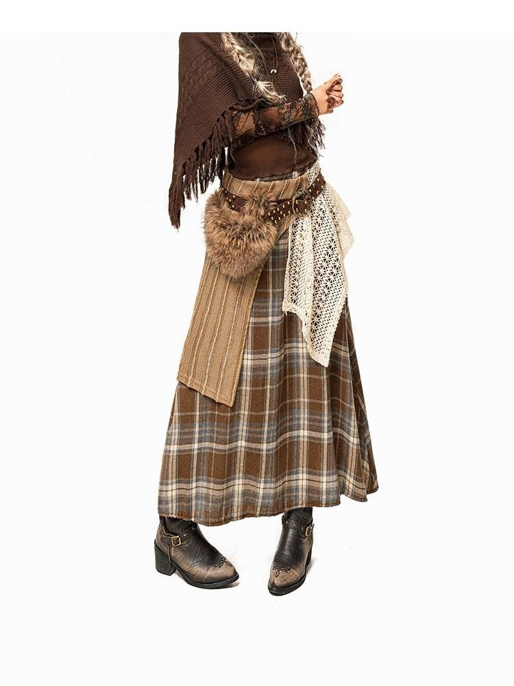 Arielink Plaid Patchwork Asymmetric Low Waist Women's Knit Maxi Skirts