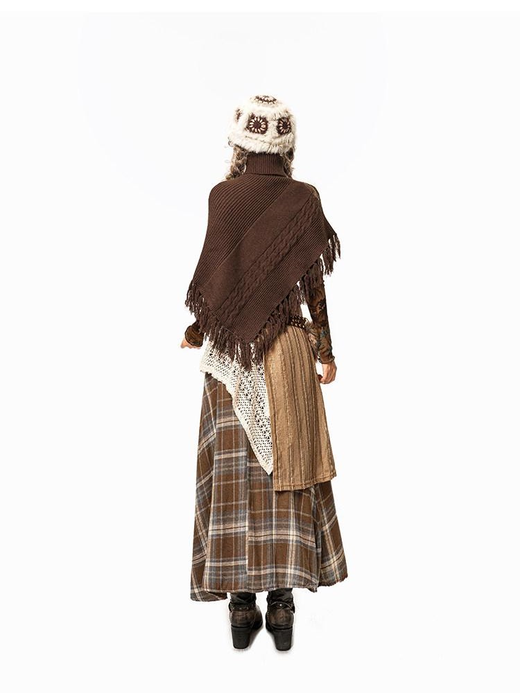 Arielink Plaid Patchwork Asymmetric Low Waist Women's Knit Maxi Skirts