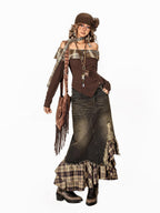 Arielink Plaid Patchwork Collared One Shoulder Women's Long Sleeve T-shirts