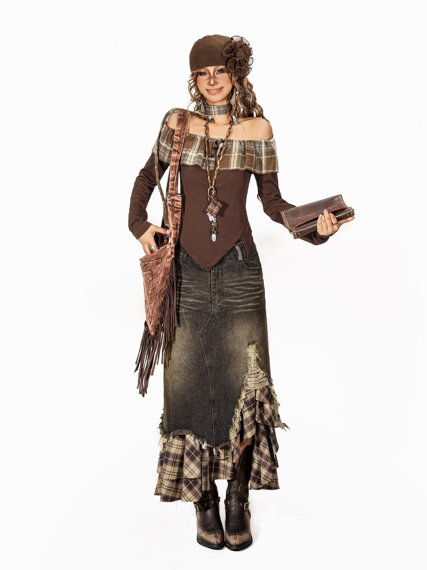 Arielink Plaid Patchwork Collared One Shoulder Women's Long Sleeve T-shirts