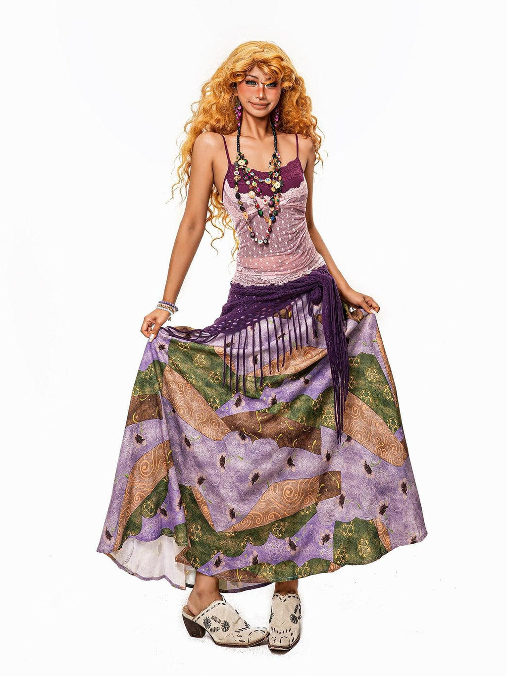 Arielink Purple Polka Dot Lace Patchwork Layered Fake Two Piece Women's Camisoles