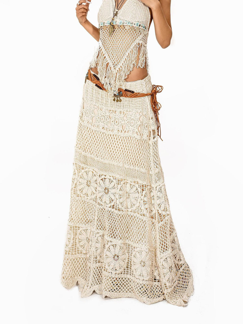 Arielink Retro Crochet Openwork Distressed Asymmetric A Line Women's Knit Maxi Skirts