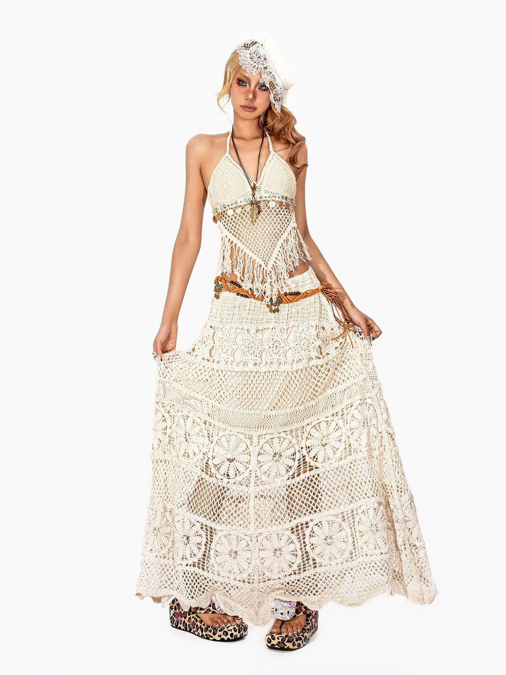 Arielink Retro Crochet Openwork Distressed Asymmetric A Line Women's Knit Maxi Skirts