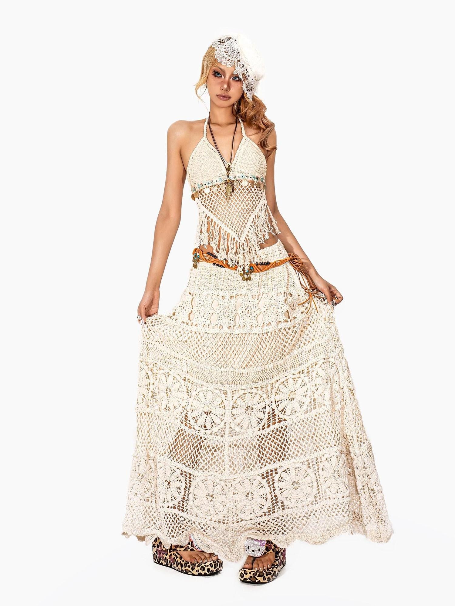 Arielink Retro Crochet Openwork Distressed Asymmetric A Line Women's Knit Maxi Skirts