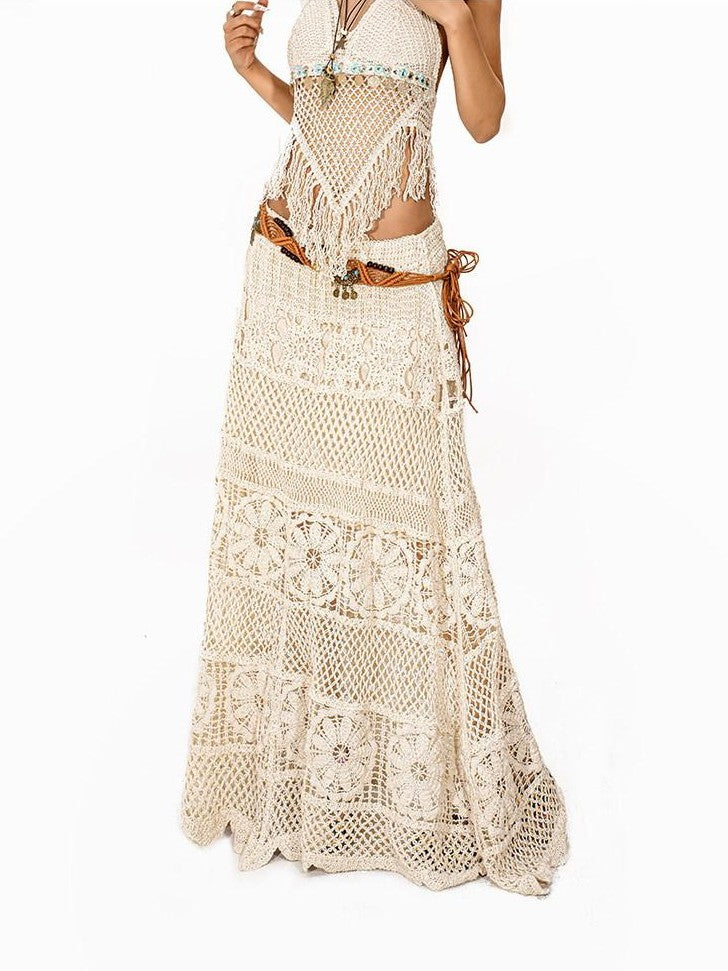 Arielink Retro Crochet Openwork Distressed Asymmetric A Line Women's Knit Maxi Skirts