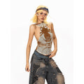 Arielink Retro Halter Backless Cropped Fitted Women's Sheer Mesh Tank Tops 948308754432