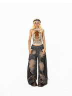 Arielink Retro Halter Backless Cropped Fitted Women's Sheer Mesh Tank Tops
