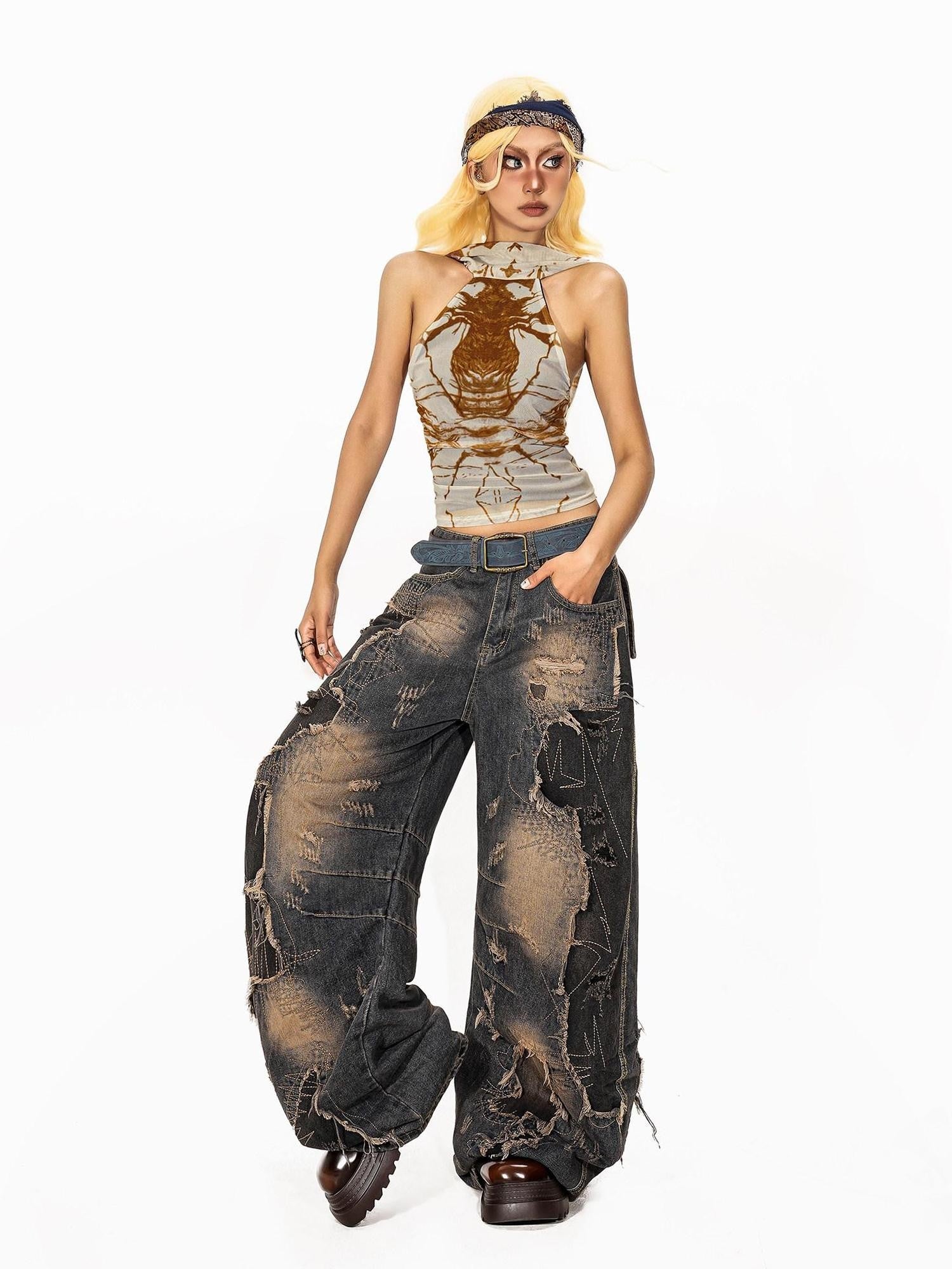 Arielink Retro Halter Backless Cropped Fitted Women's Sheer Mesh Tank Tops