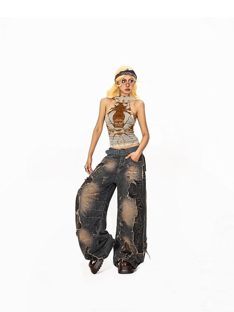 Arielink Retro Halter Backless Cropped Fitted Women's Sheer Mesh Tank Tops