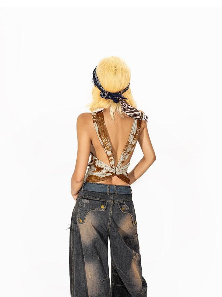 Arielink Retro Halter Backless Cropped Fitted Women's Sheer Mesh Tank Tops
