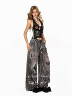 Arielink Retro Jersey Asymmetrical Lace Up Halter Backless Letter Print Women's Tank Tops