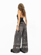 Arielink Retro Jersey Asymmetrical Lace Up Halter Backless Letter Print Women's Tank Tops
