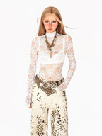 Arielink Retro Lace Cutout Sheer Cropped Mockneck Women's Mesh Long Sleeve T-shirts