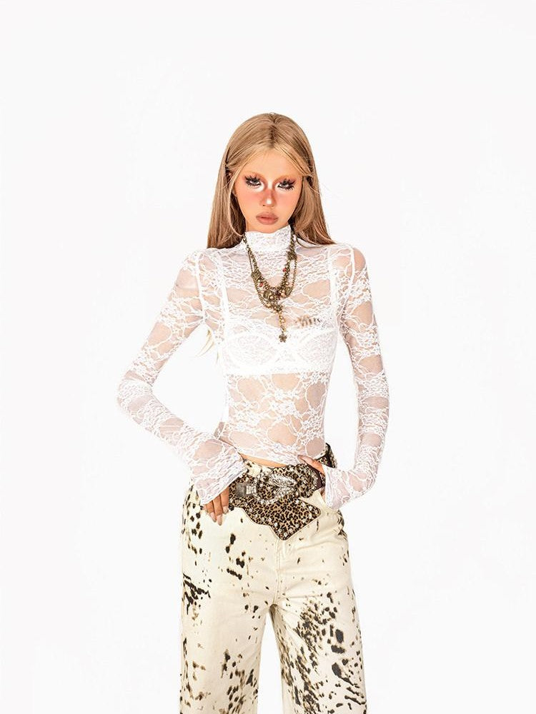 Arielink Retro Lace Cutout Sheer Cropped Mockneck Women's Mesh Long Sleeve T-shirts