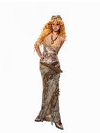 Arielink Retro Leopard Print V-neck Lace Mesh Panel Fitted Women's Camisoles