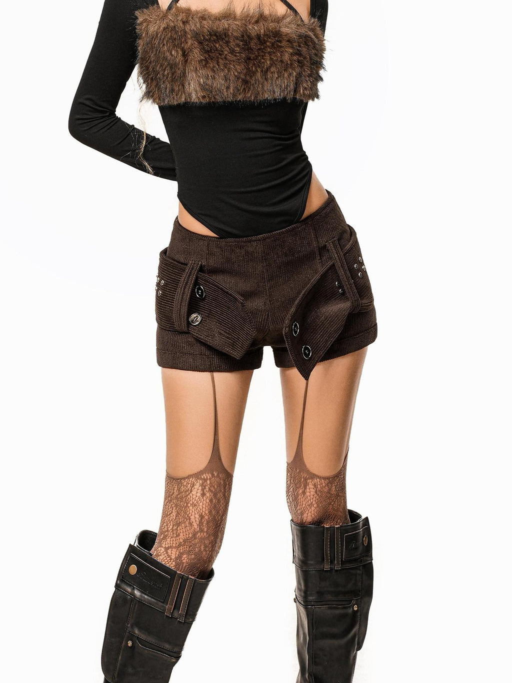 Arielink Retro Punk Spliced Buttoned Women's Corduroy Bootcut Short Trousers