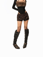 Arielink Retro Punk Spliced Buttoned Women's Corduroy Bootcut Short Trousers