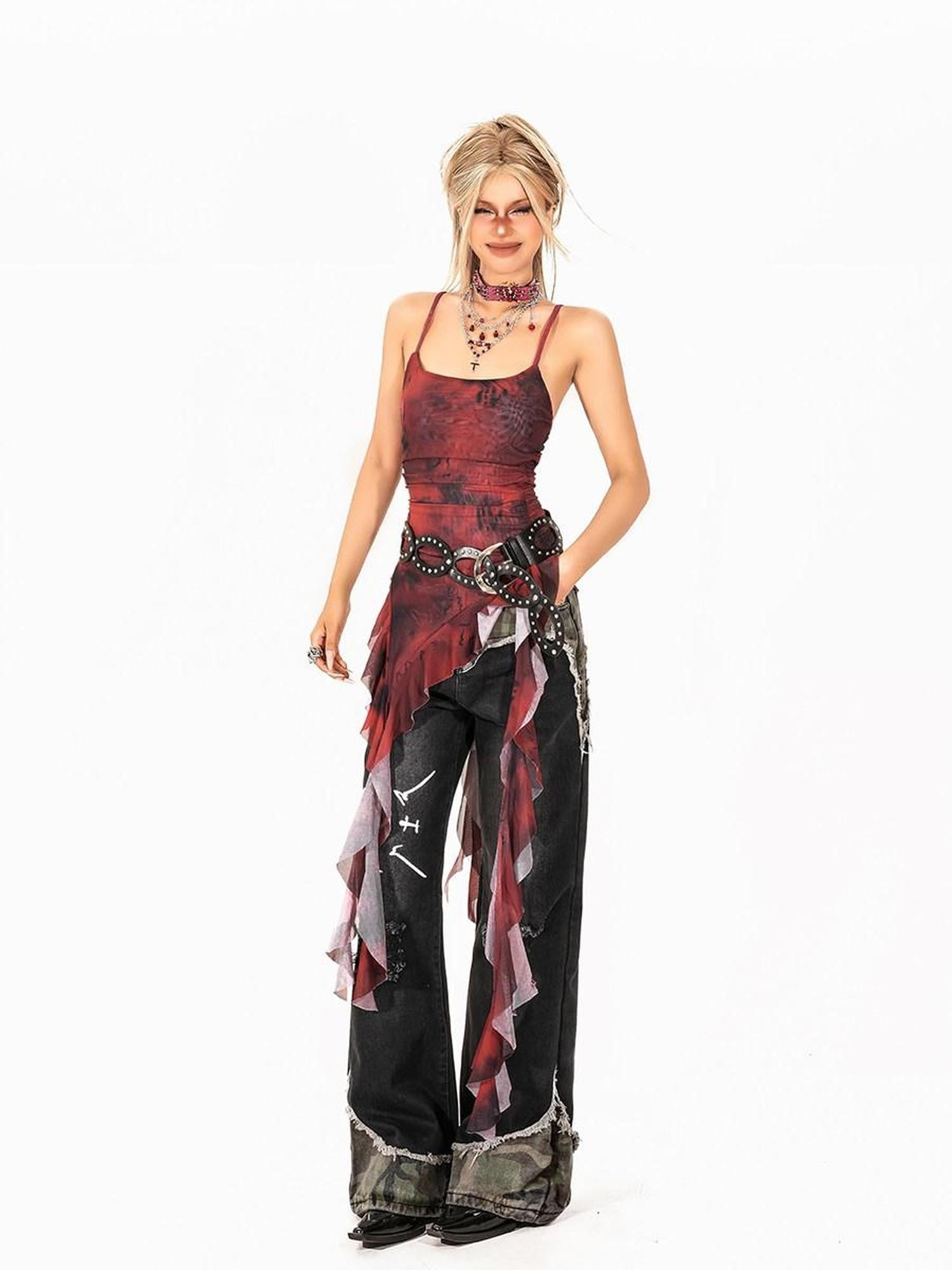 Arielink Retro Red Asymmetrical Ruffle Backless Women's Mesh Camisoles