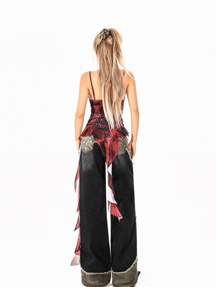 Arielink Retro Red Asymmetrical Ruffle Backless Women's Mesh Camisoles