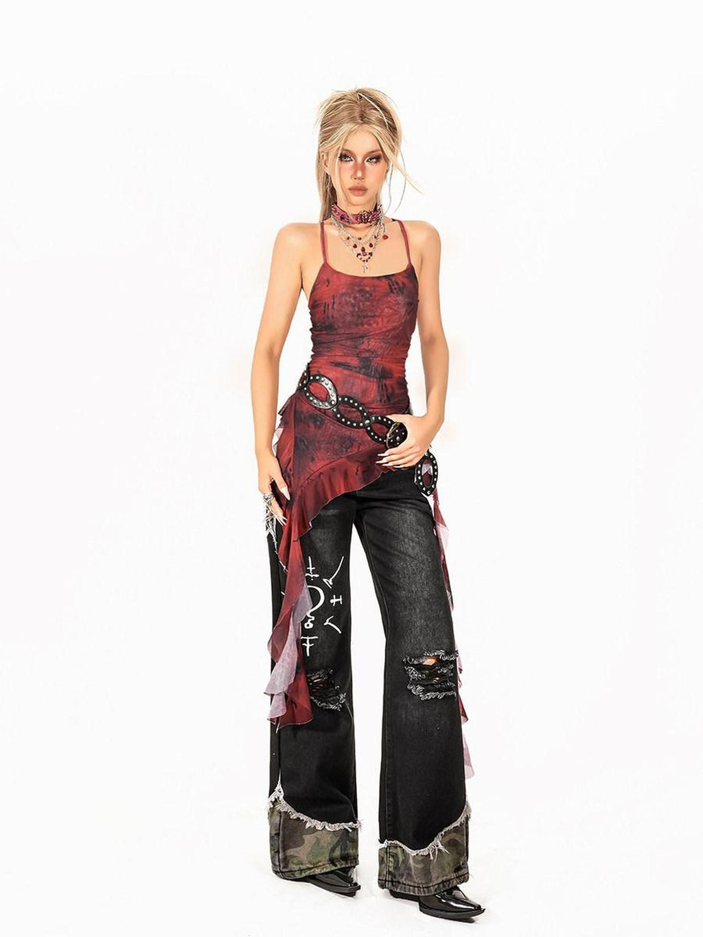 Arielink Retro Red Asymmetrical Ruffle Backless Women's Mesh Camisoles