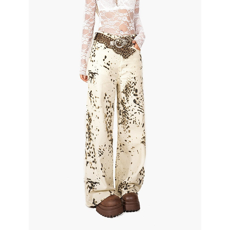 Arielink Retro Snowflake Leopard Print Washed High Waist Women's Denim Straight Jeans 855505858705