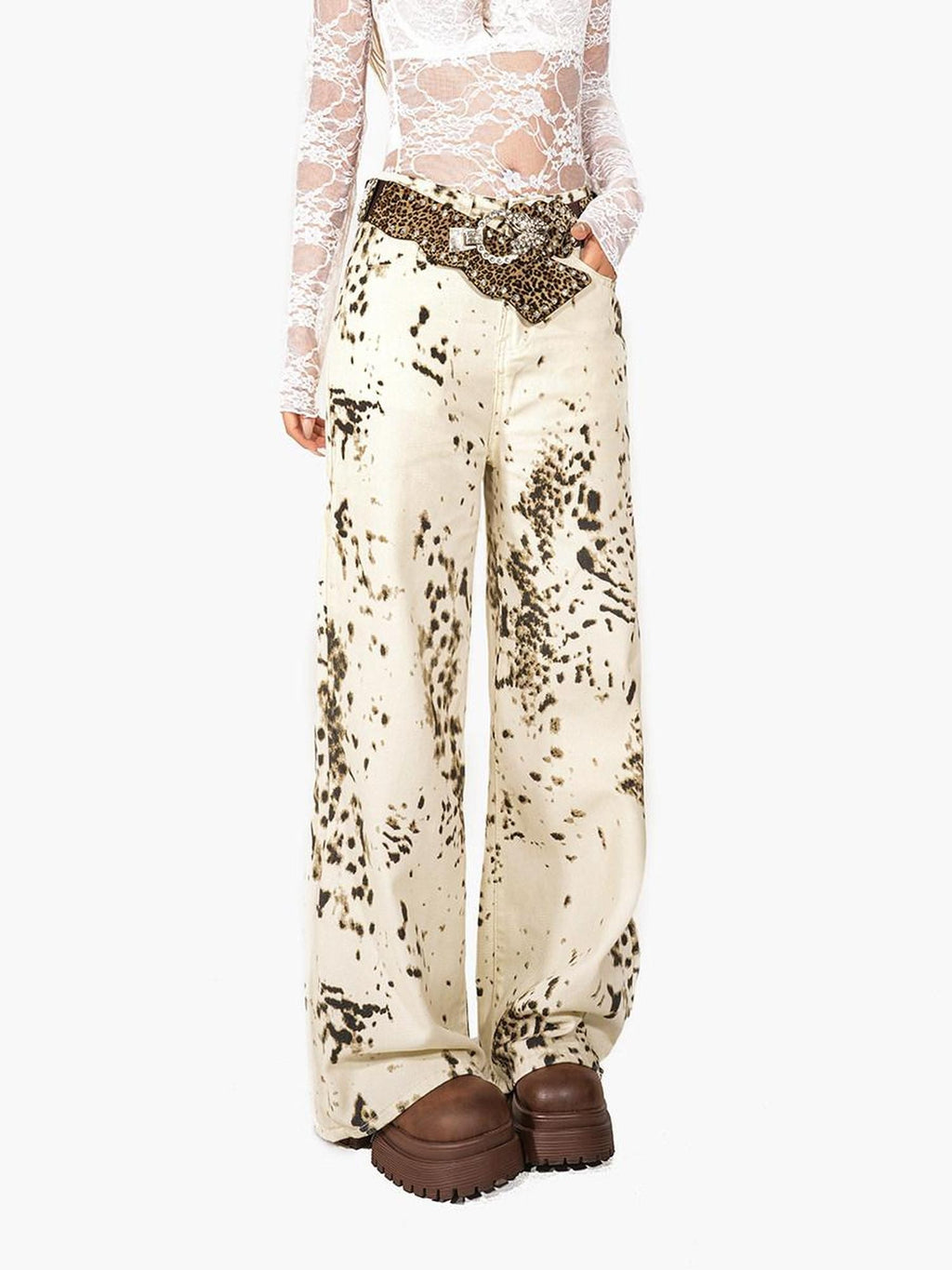 Arielink Retro Snowflake Leopard Print Washed High Waist Women's Denim Straight Jeans