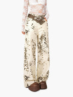 Arielink Retro Snowflake Leopard Print Washed High Waist Women's Denim Straight Jeans