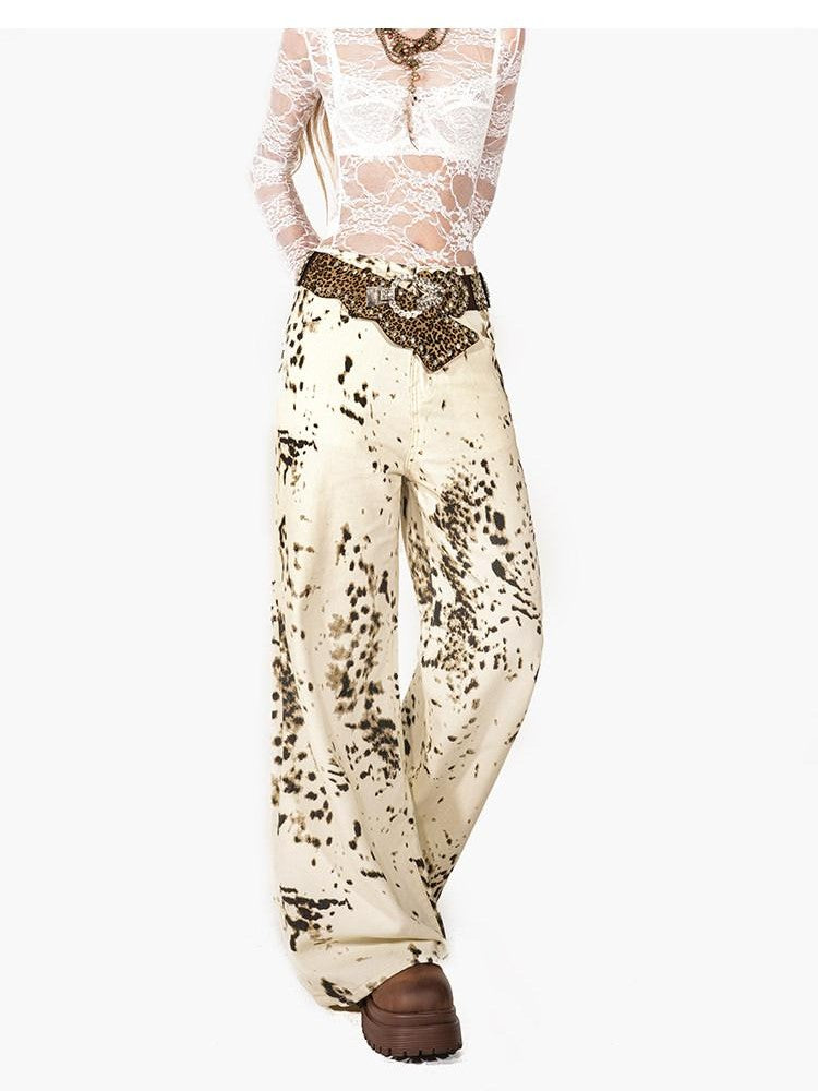 Arielink Retro Snowflake Leopard Print Washed High Waist Women's Denim Straight Jeans