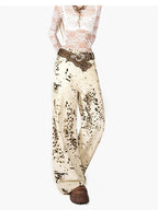 Arielink Retro Snowflake Leopard Print Washed High Waist Women's Denim Straight Jeans