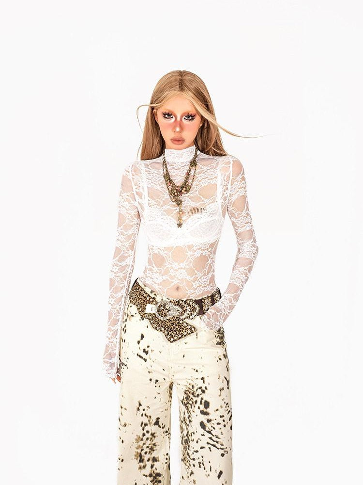 Arielink Retro Snowflake Leopard Print Washed High Waist Women's Denim Straight Jeans