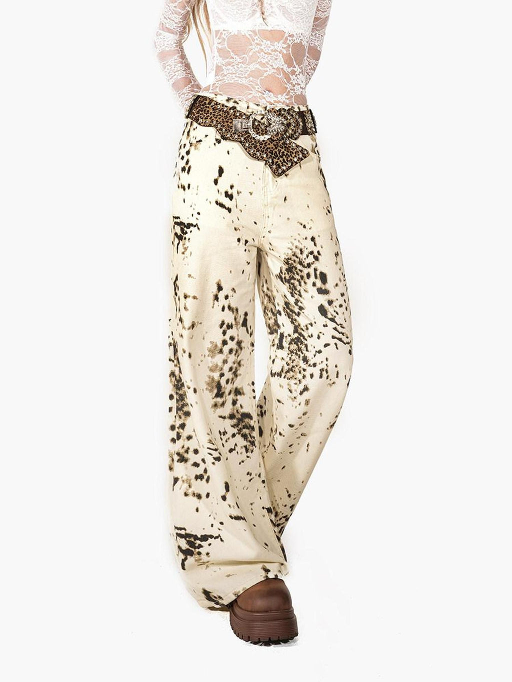 Arielink Retro Snowflake Leopard Print Washed High Waist Women's Denim Straight Jeans