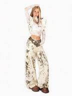 Arielink Retro Snowflake Leopard Print Washed High Waist Women's Denim Straight Jeans