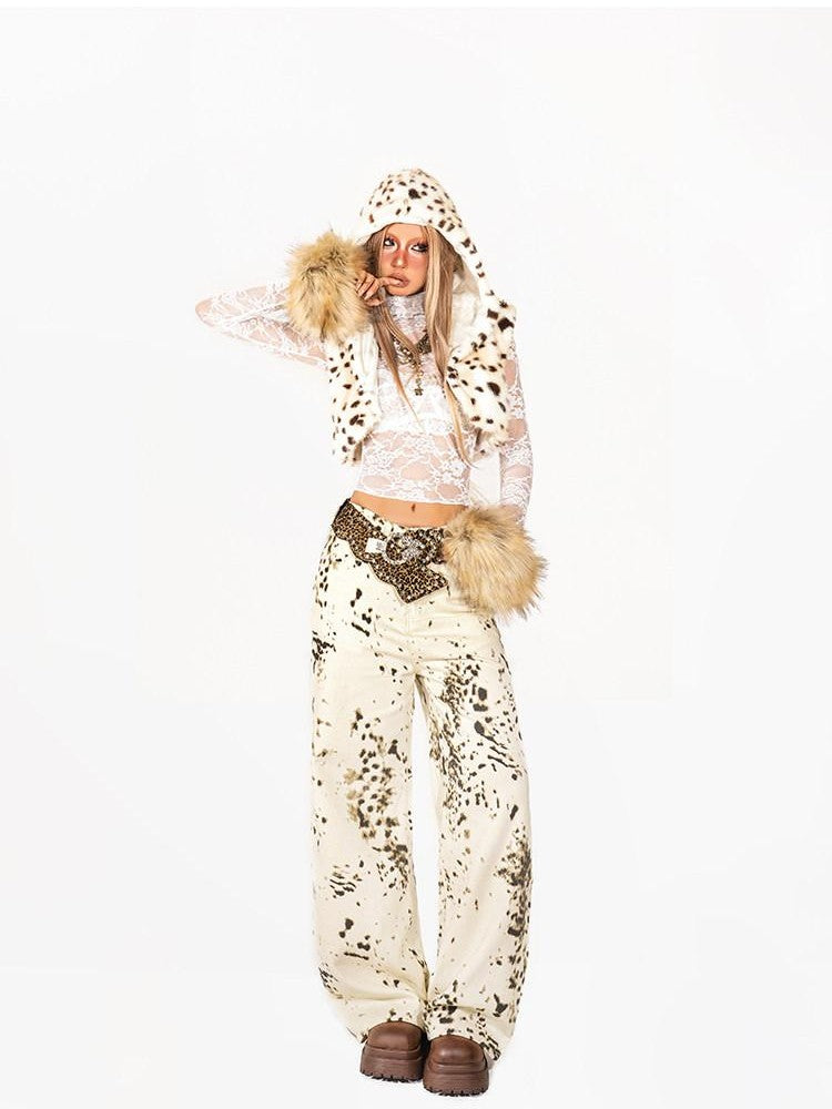 Arielink Retro Snowflake Leopard Print Washed High Waist Women's Denim Straight Jeans
