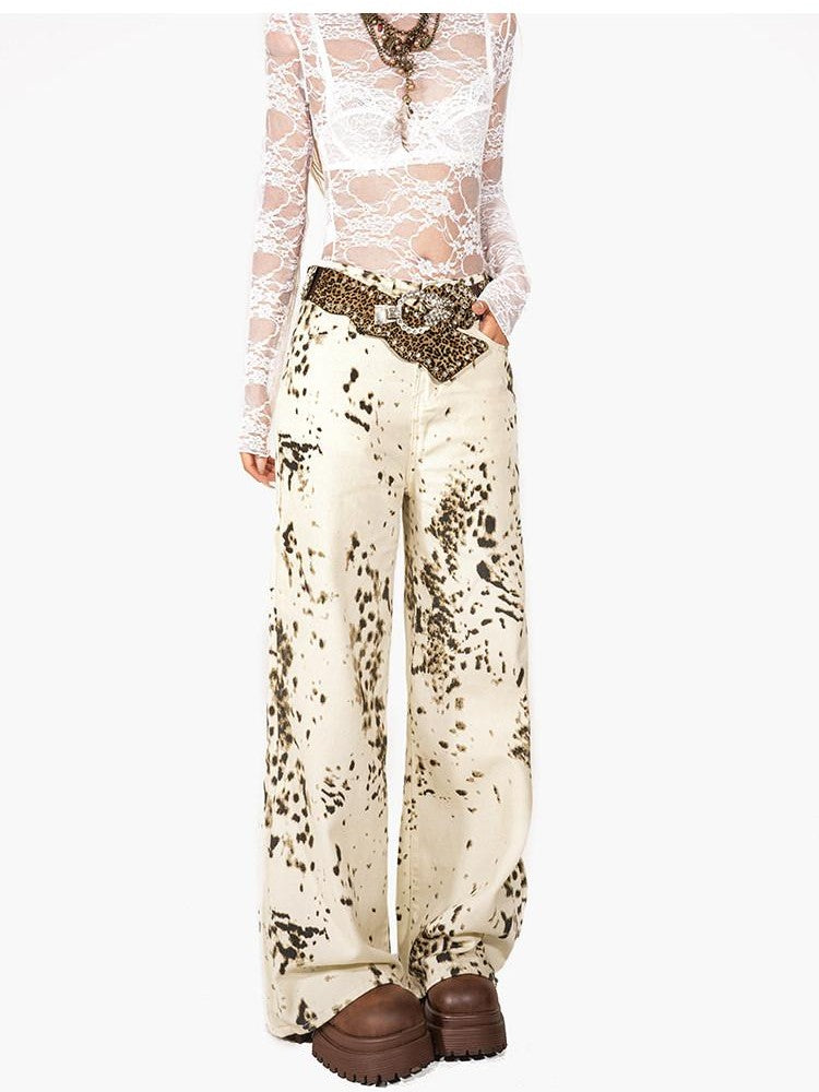 Arielink Retro Snowflake Leopard Print Washed High Waist Women's Denim Straight Jeans