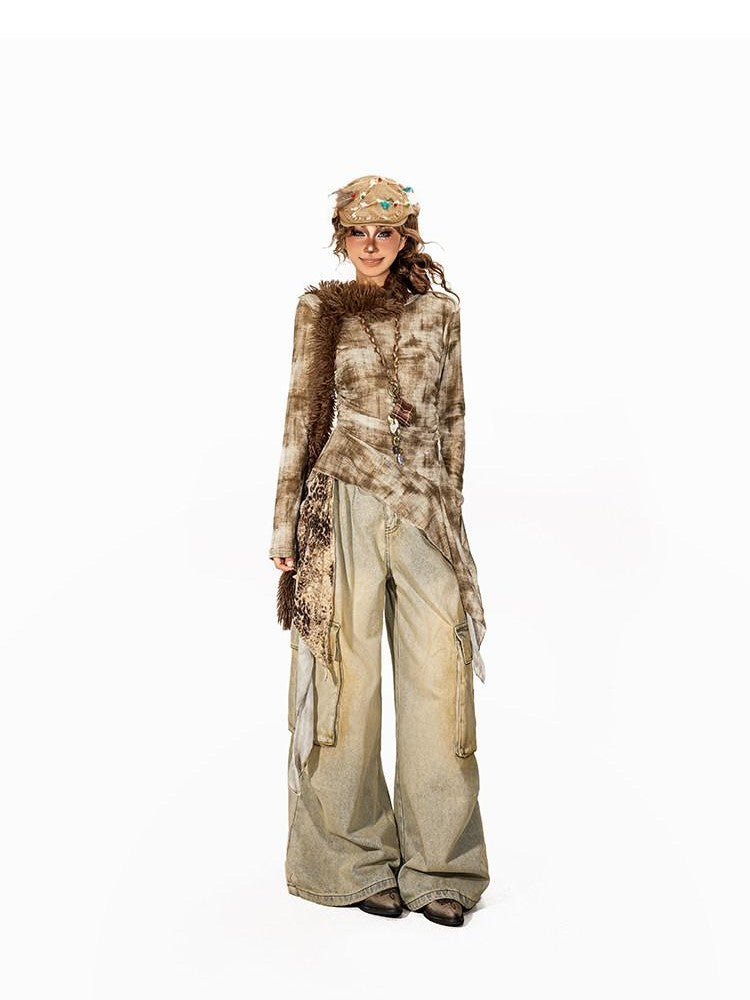 Arielink Retro Tie Dye Asymmetric Ruffle Women's Mesh Long Sleeve T-shirts